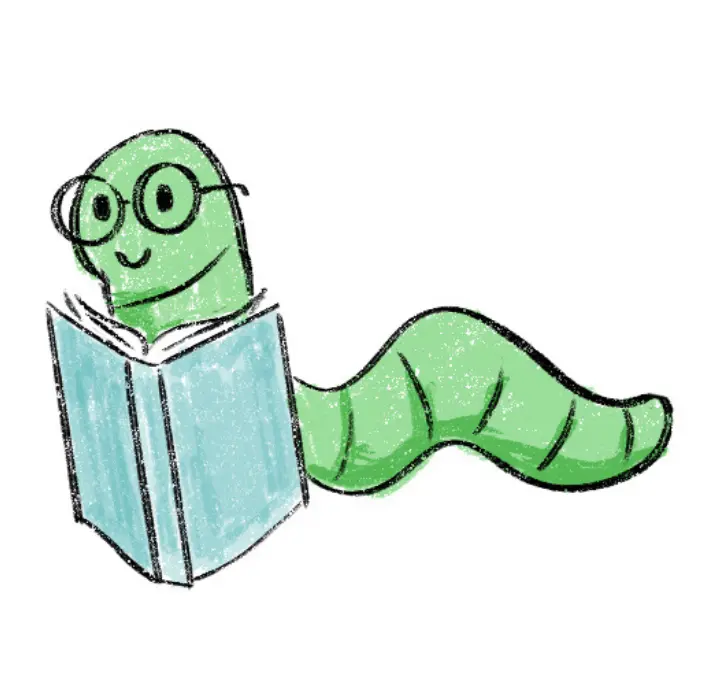 A green bookworm with glasses reading a book