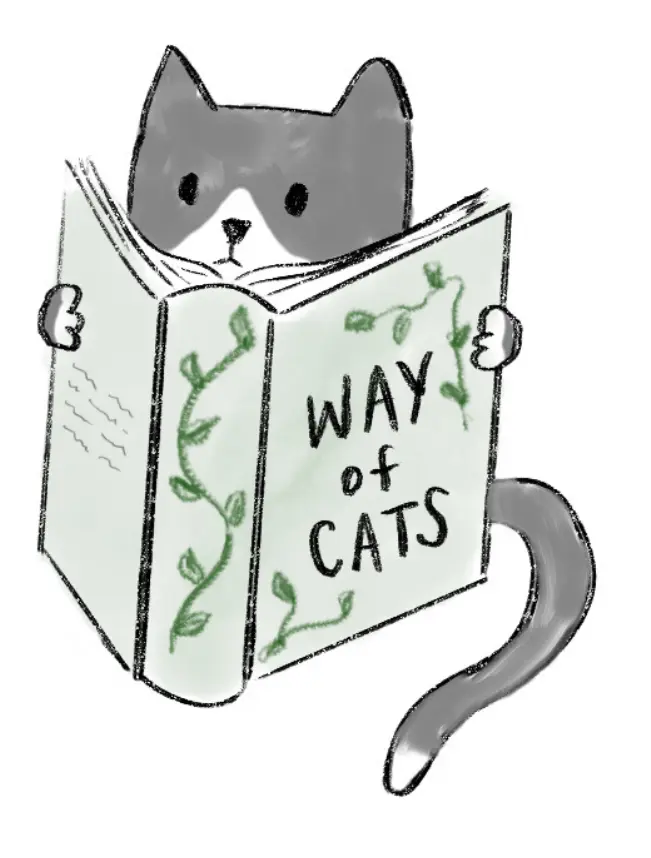 A grey and white cat reading a book called Way of Cats