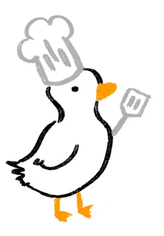 A white duck in a chef hat holding a spatula