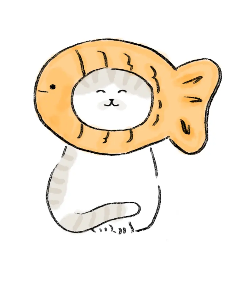 A white cat wearing an orange fish shaped hat