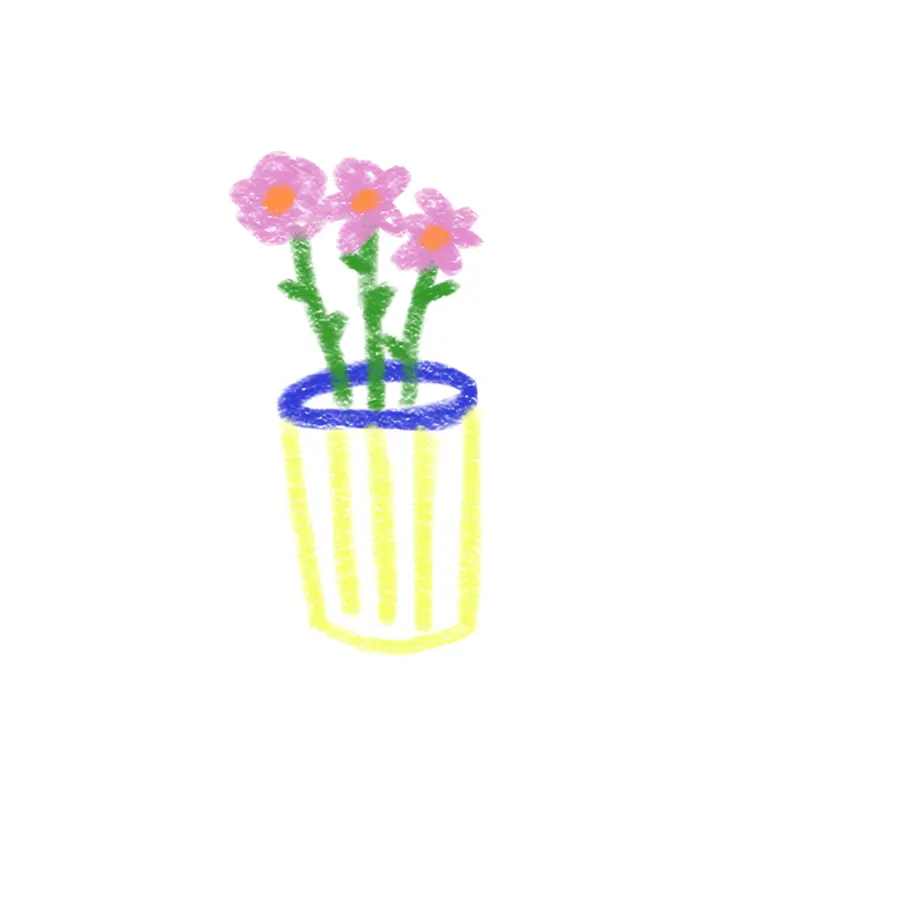Pink flowers in a striped yellow cup