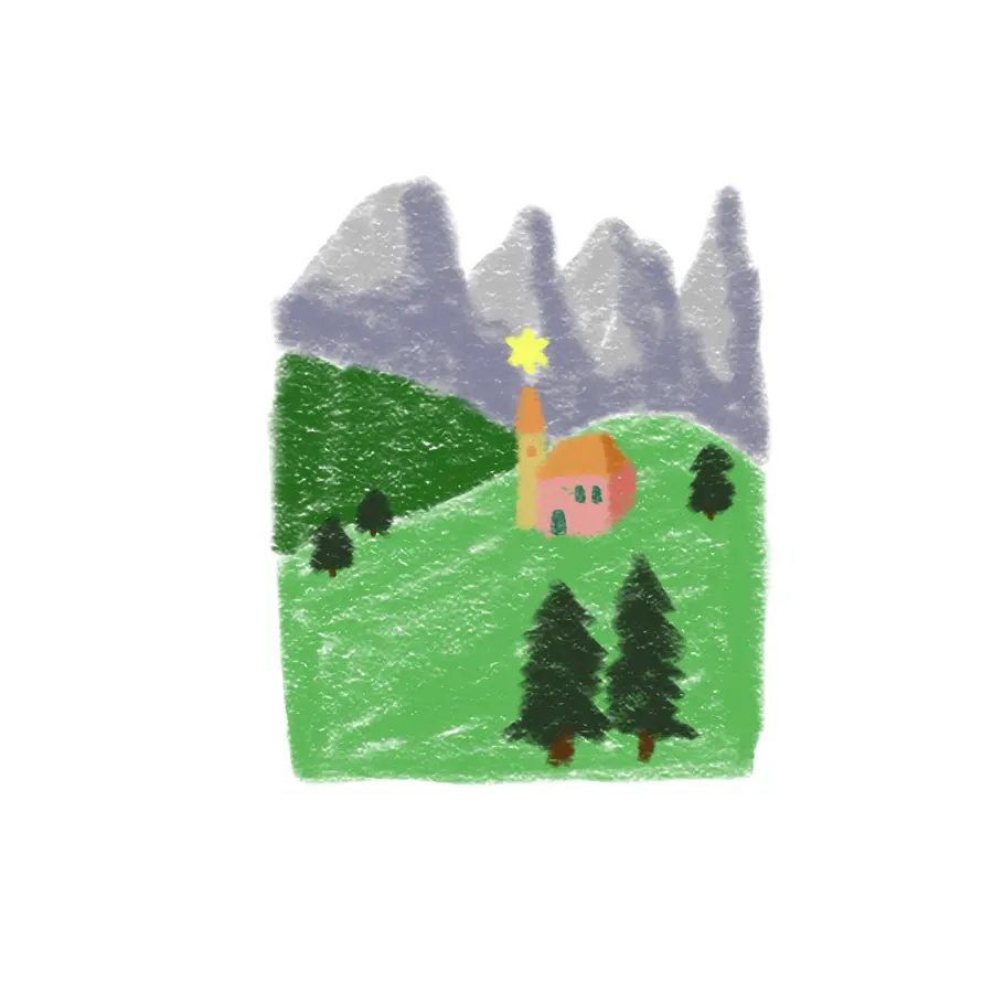 Green hills with pine trees and a little house below grey mountains