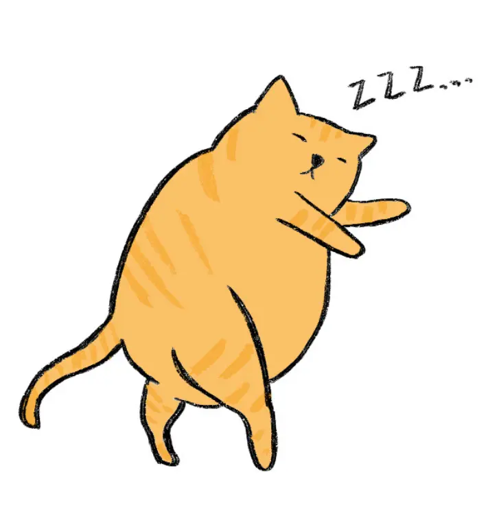 A sleepy orange cat stretching, with zzz